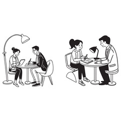 Business Job Interview concept. Vector cartoon illustration of a young woman asking questions and a man in a suit answering 
them 