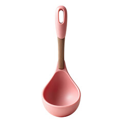 A stylish pink ladle with a wooden handle for serving soups and sauces gracefully. isolated on a white background.
