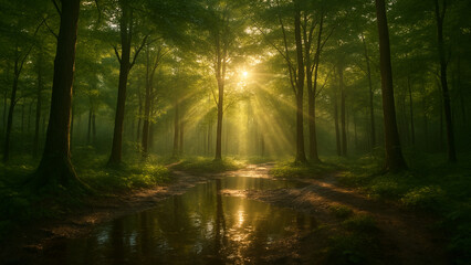 Obraz premium Sunlit Forest with Water Reflection - Crystal Clear 4K Nature Scene