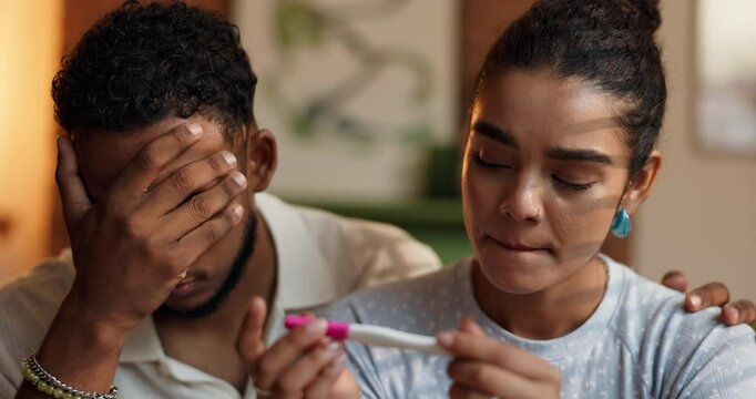 Home, disappointed and couple with pregnancy test, frustrated and infertility with anxiety. Apartment, man and woman with negative results, sad and fertility crisis with support, IVF and stress