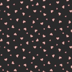 Watercolor seamless pattern with pink hearts on black background