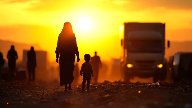 A silhouetted mother and child walk through a refugee camp at sunset, their path filled with the uncertainty of the future, as aid trucks and volunteers bustle in the distance