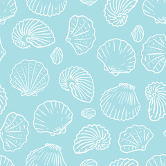 White Seashells Pattern on Light Blue Background, Coastal Design