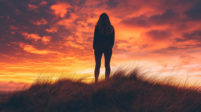Silhouette of a woman standing tall against the sky, exuding strength, confidence, and independence. Symbolizes empowerment, resilience, and high self-esteem in a powerful visual of feminine pride.

