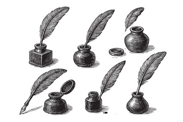 feather ink pen set woodcut engraving vector illustration