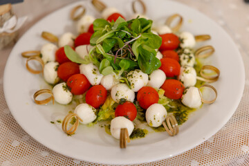 Catering service preparing a plate of cherry tomatoes and mozzarella skewers with pesto and lamb's lettuce