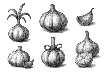 garlic set woodcut engraving vector illustration
