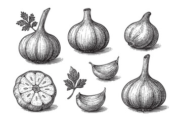 garlic set woodcut engraving vector illustration
