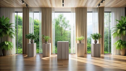 Obraz premium Serene Interior Design Featuring Wooden Plinths, Lush Greenery, and Natural Light Streaming Through Floor-to-Ceiling Windows