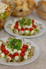 Catering service preparing plates with mozzarella, cherry tomatoes and pesto sauce