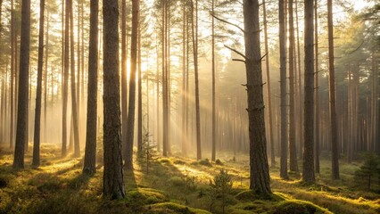 Sunlit Path Through a Misty Forest