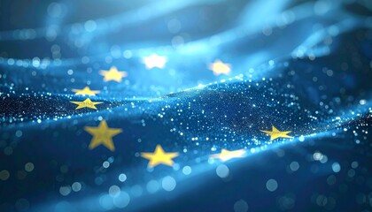 European Union flag rendered as a digital wave with glowing yellow stars on a blue surface symbolizing technology and unity