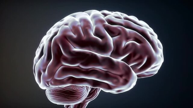 Extreme close-up of a glowing human brain rotating slowly on axis, full neural folds visible, isolated on dark gradient background, 135mm macro lens, f3.2, soft rim lighting, high anatomical detail.