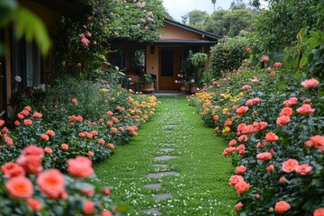 Grandparents Picturesque Garden in Full Bloom Showcases Vibrant Flowers, Lush Greenery, and Charming Architecture in Sunny Weather