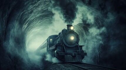 Mysterious steam train emerging from a dark tunnel.