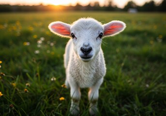Enchanting lamb portrait during golden hour in tranquil meadow setting