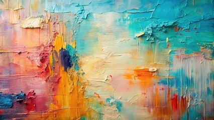 A vibrant abstract painting with textured layers of colorful hues, showcasing a dynamic interplay of warm and cool tones, creating a richly expressive visual experience.