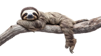 Cute Sloth Relaxing on Branch Isolated on Transparent Background