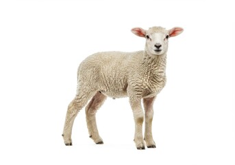 Fototapeta premium Full body portrait of a domestic sheep lamb isolated against a white backdrop