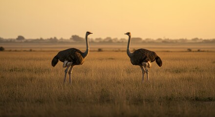 Naklejka premium Two ostriches in golden light field