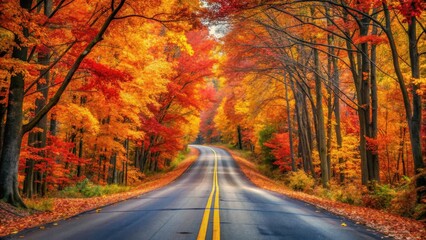 Obraz premium Autumnal Road Through Vibrant Forest Canopy, A Scenic Drive Amongst Colorful Fall Foliage
