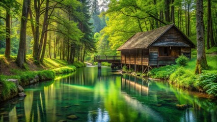 Fototapeta premium Serene Wooden Cabin Beside a Tranquil Emerald Green River in a Lush Forest