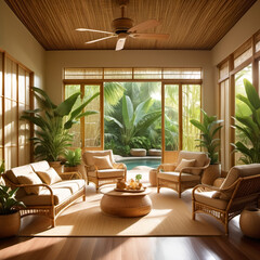A tropical villa interior with ceiling fans, woven bamboo elements, and indoor-outdoor flow.