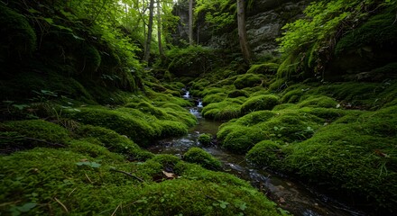 Obraz premium Vibrant green mossy landscape with stream flowing through forest