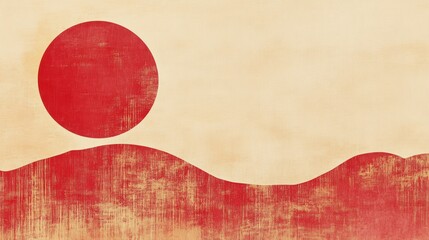 Abstract minimalist landscape with large red sun above rustic hills in soft beige background depicting tranquility and warmth of nature