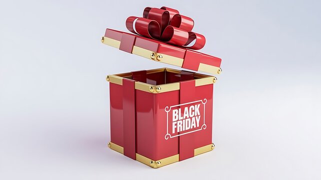 Elegant 3D Render of a Red Gift Box with Golden Accents and Black Friday Design