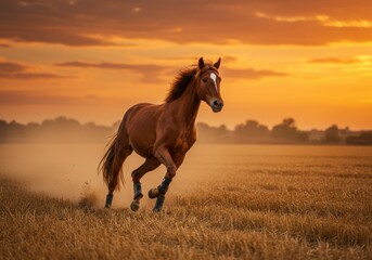 Fototapeta premium Majestic Chestnut Horse Galloping Through Golden Field Under a Vibrant Sunset
