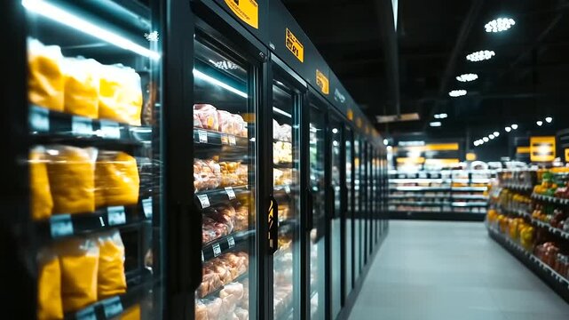 Glass-door freezers with rows of frozen products, including lean meats, frozen vegetables, and wholesome ready meals, creating a clean and organized grocery store environment