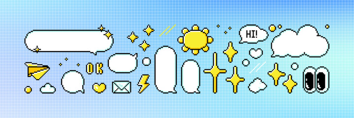 Set of pixel art dialogue box and retro game style elements. Speech bubbles in the mood of 90's aesthetics. Vector 8-bit pixelated style illustration