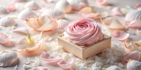 A Delicate Pink Rose Nestled in a Gift Box Surrounded by Petals and Delicate White Flakes