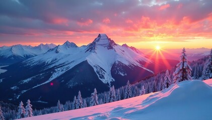 Sunrise over snow-capped Montana range, crisp air, snow-covered, quiet, image