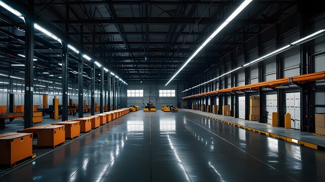 A futuristic warehouse filled with high-tech automated systems for sorting imports 