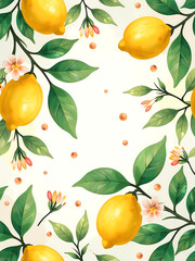 shot vibrant watercolor pattern featuring lush greenery lemons delicate flowers set warm golden