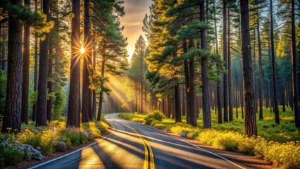 Golden Hour Drive Through a Sun-Dappled Forest With Tall Trees and Vibrant Yellow Wildflowers