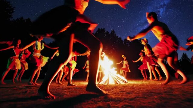 Lively tribal dance around bonfire under starry sky