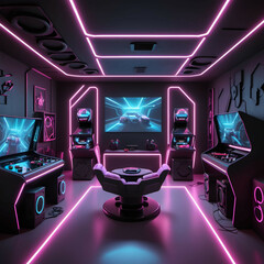 A futuristic gaming room with neon lighting, modular furniture, and a soundproof ceiling.