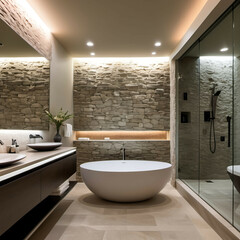 A contemporary master bathroom with a freestanding tub, stone wall finish, and mood lighting.