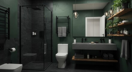 Modern Dark Green Bathroom with Black Fixtures and Wooden Shelves