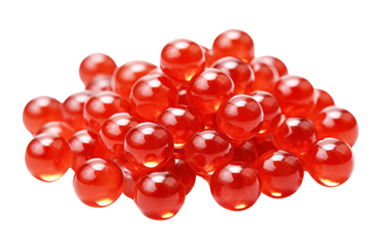 Vibrant Red Spheres: A close-up showcases a cluster of glistening, translucent red spheres, creating a visually captivating display of food textures and natural beauty.