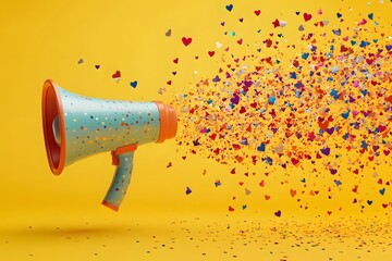 "Colorful hearts and stars coming out of a megaphone, concept of love communication, positive announcement, social media marketing"