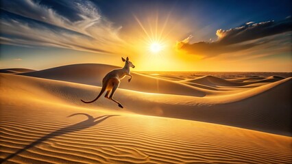 A lone marsupial leaps across sun-drenched dunes under a vibrant sunset sky, its shadow stretching long across the golden sand.