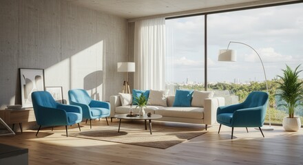 Modern Living Room with Teal Accents and City View