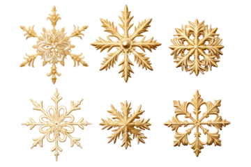 Golden Snowflake Ornaments: Exquisite gold snowflakes glisten in a display of winter elegance and festive cheer, evoking a sense of winter's beauty.