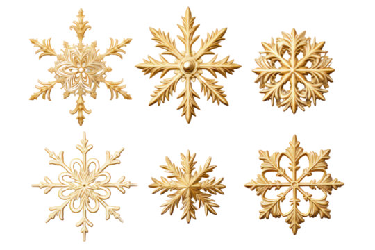 Golden Snowflake Ornaments: Exquisite gold snowflakes glisten in a display of winter elegance and festive cheer, evoking a sense of winter's beauty.