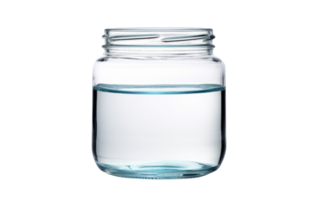 Glass Jar with Water: A clear glass jar partially filled with clear water against a white background. The jar is simple and clean, perfect for showcasing your product or message.