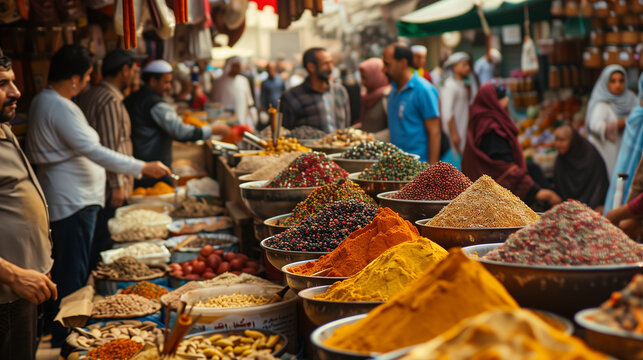 Vibrant spices on display at a bustling traditional marketplace in a Middle Eastern city.